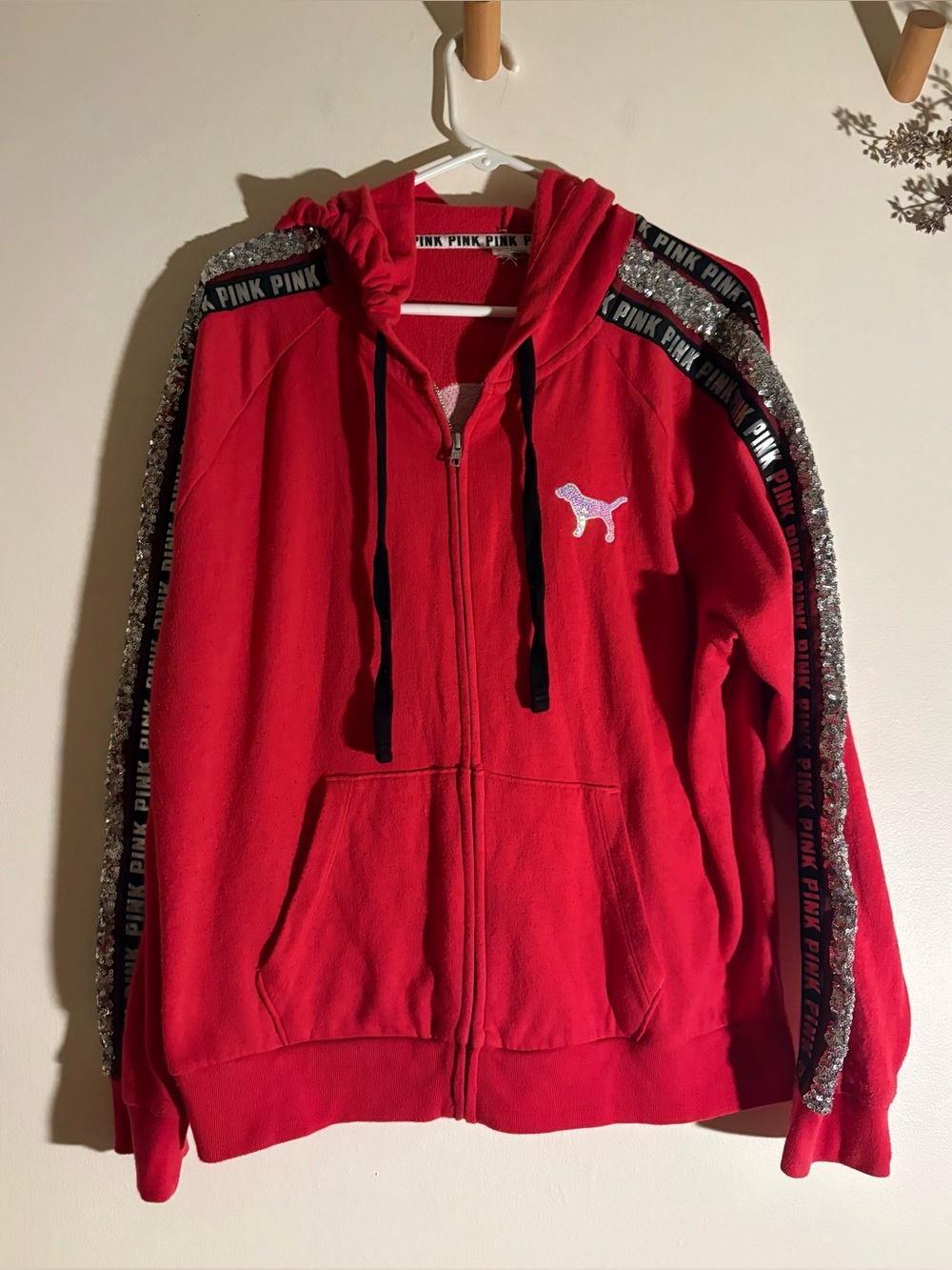 Victoria’s Secret PINK 2018 Red Sequin Bling Dog Full Zip Hoodie McBling Large